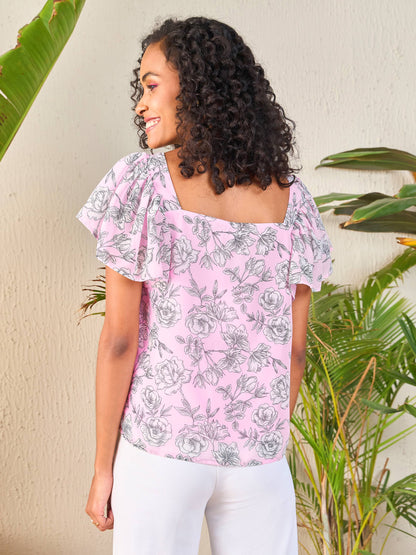 Pink Floral Sweetheart Neck Flared Sleeve Top