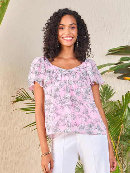 Pink Floral Sweetheart Neck Flared Sleeve Top