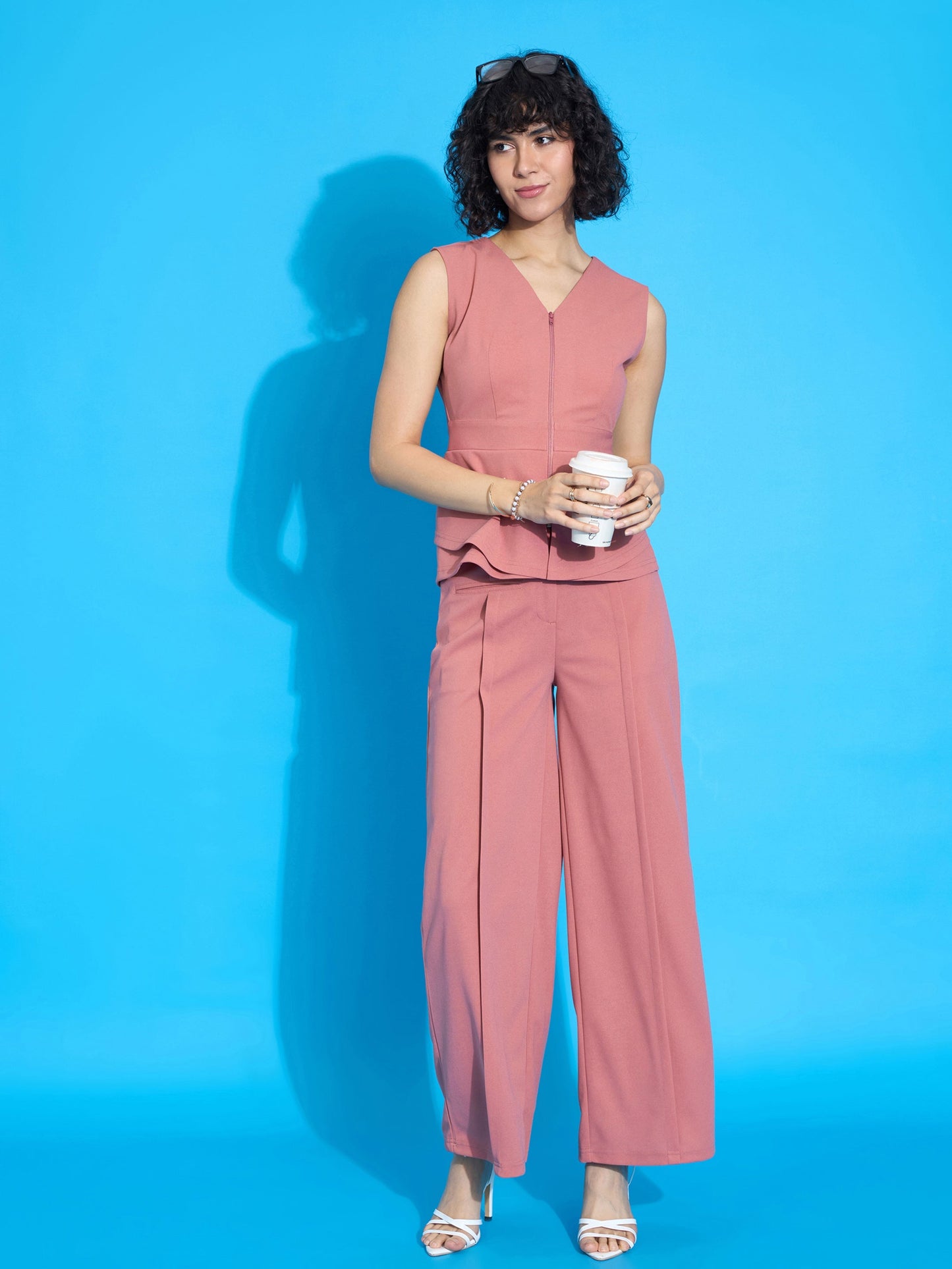 Peach Sleeveless Front Zipper Peplum Top