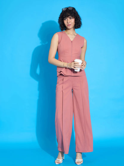 Peach Sleeveless Front Zipper Peplum Top