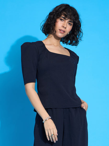 Navy Square Neck Puff Sleeve Top
