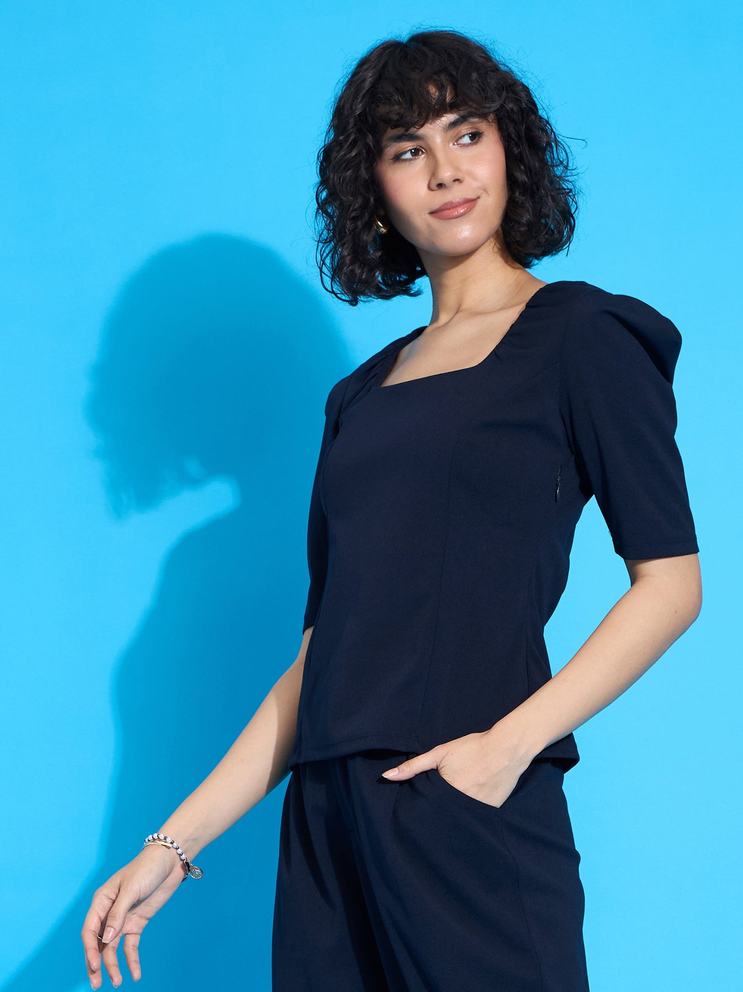 Navy Square Neck Puff Sleeve Top