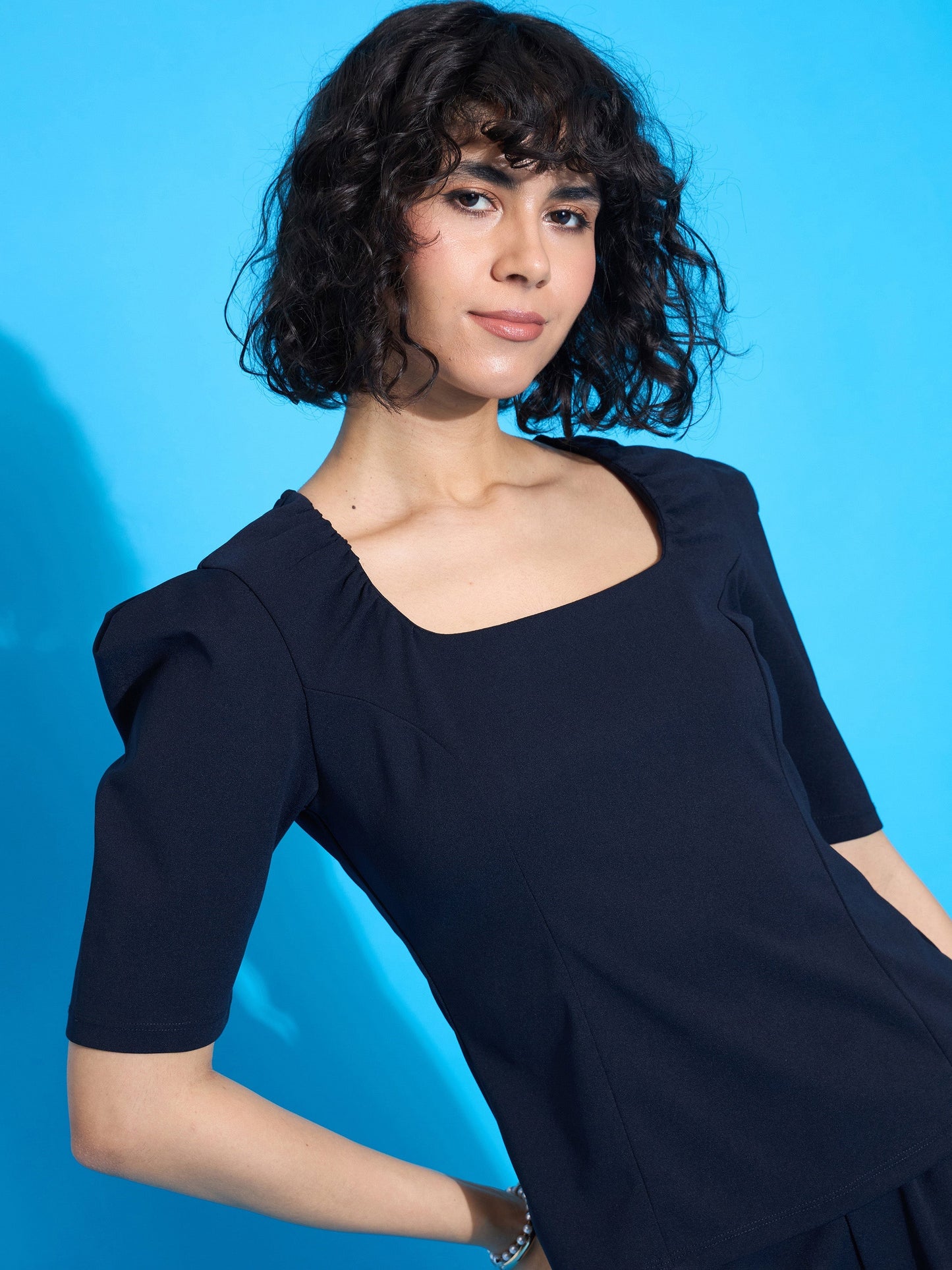 Navy Square Neck Puff Sleeve Top