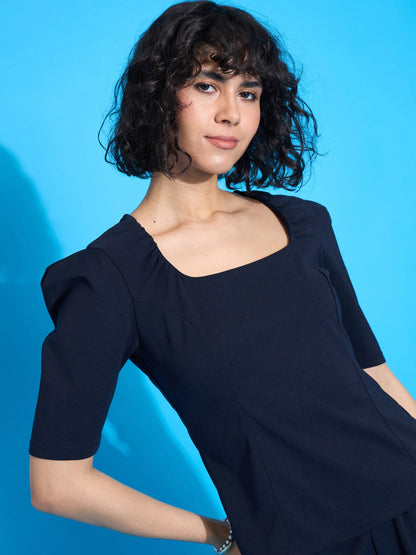 Navy Square Neck Puff Sleeve Top