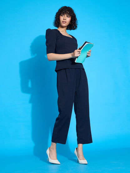 Navy Square Neck Puff Sleeve Top