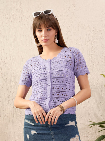 Women Lavender Round Neck Crochet Top