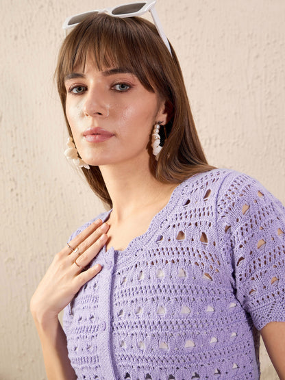 Women Lavender Round Neck Crochet Top