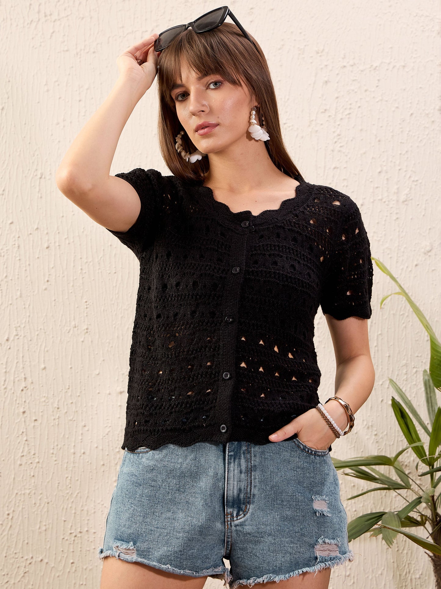 Women Black Round Neck Crochet Top