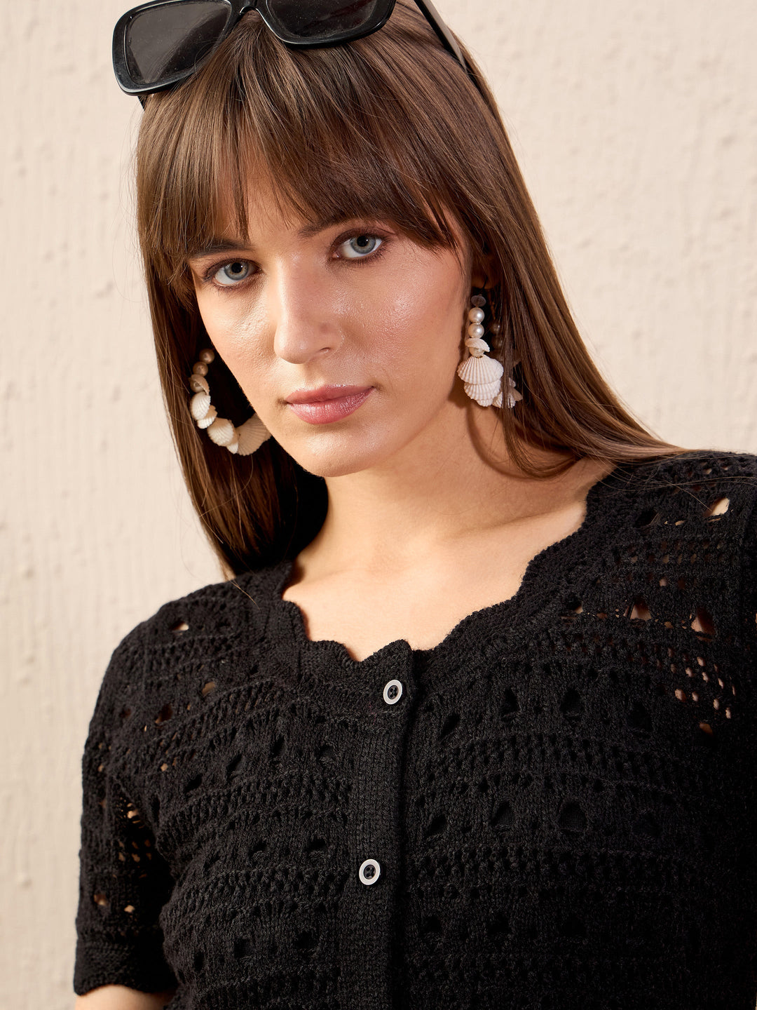 Women Black Round Neck Crochet Top