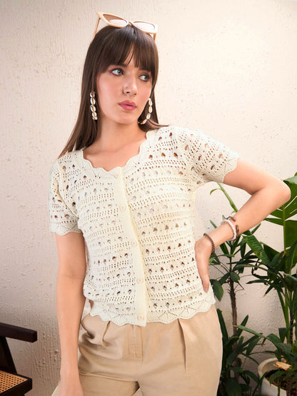 Women Off White Round Neck Crochet Top