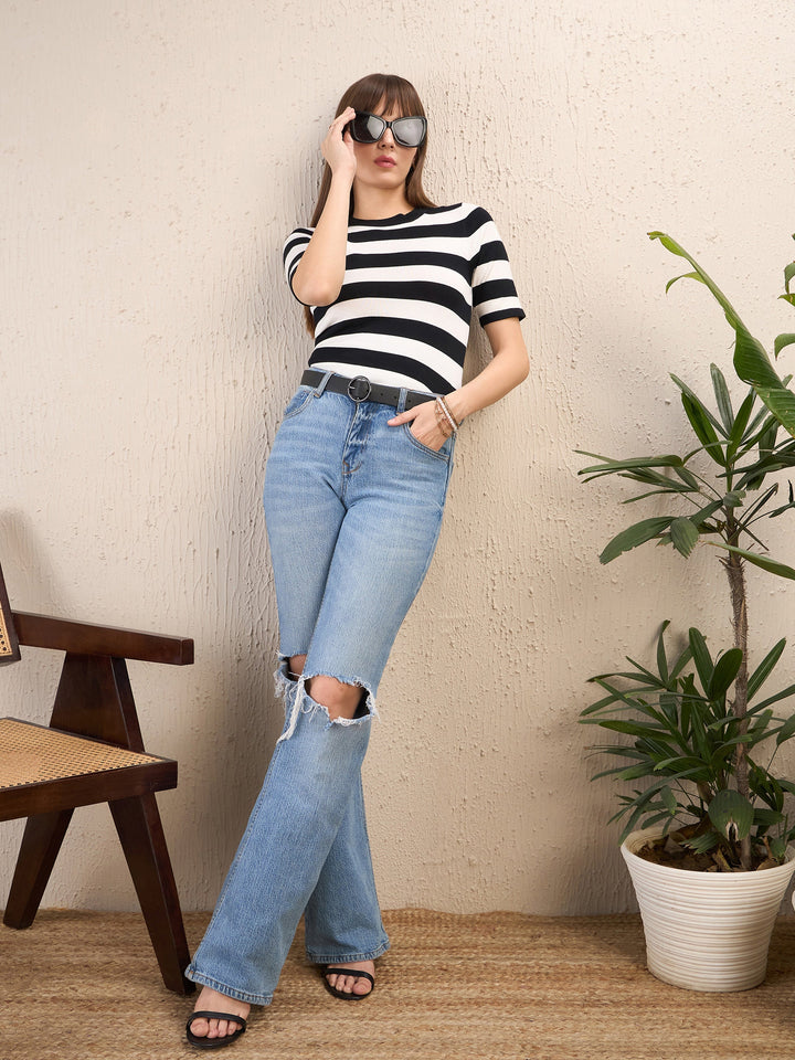 Women Black &amp; White Striped Acrylic Top
