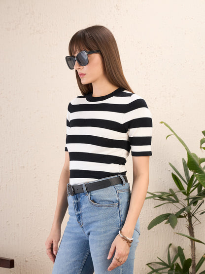 Women Black & White Striped Acrylic Top