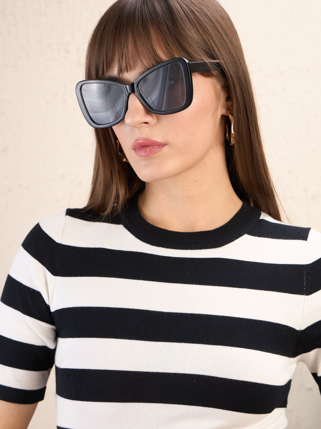 Women Black &amp; White Striped Acrylic Top