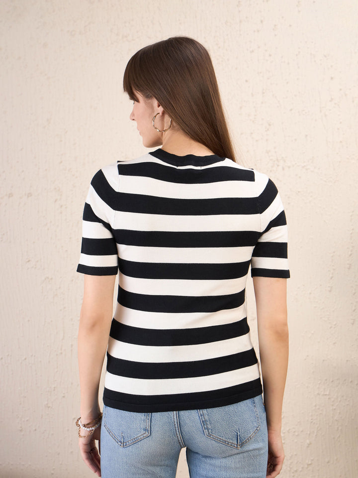 Women Black &amp; White Striped Acrylic Top