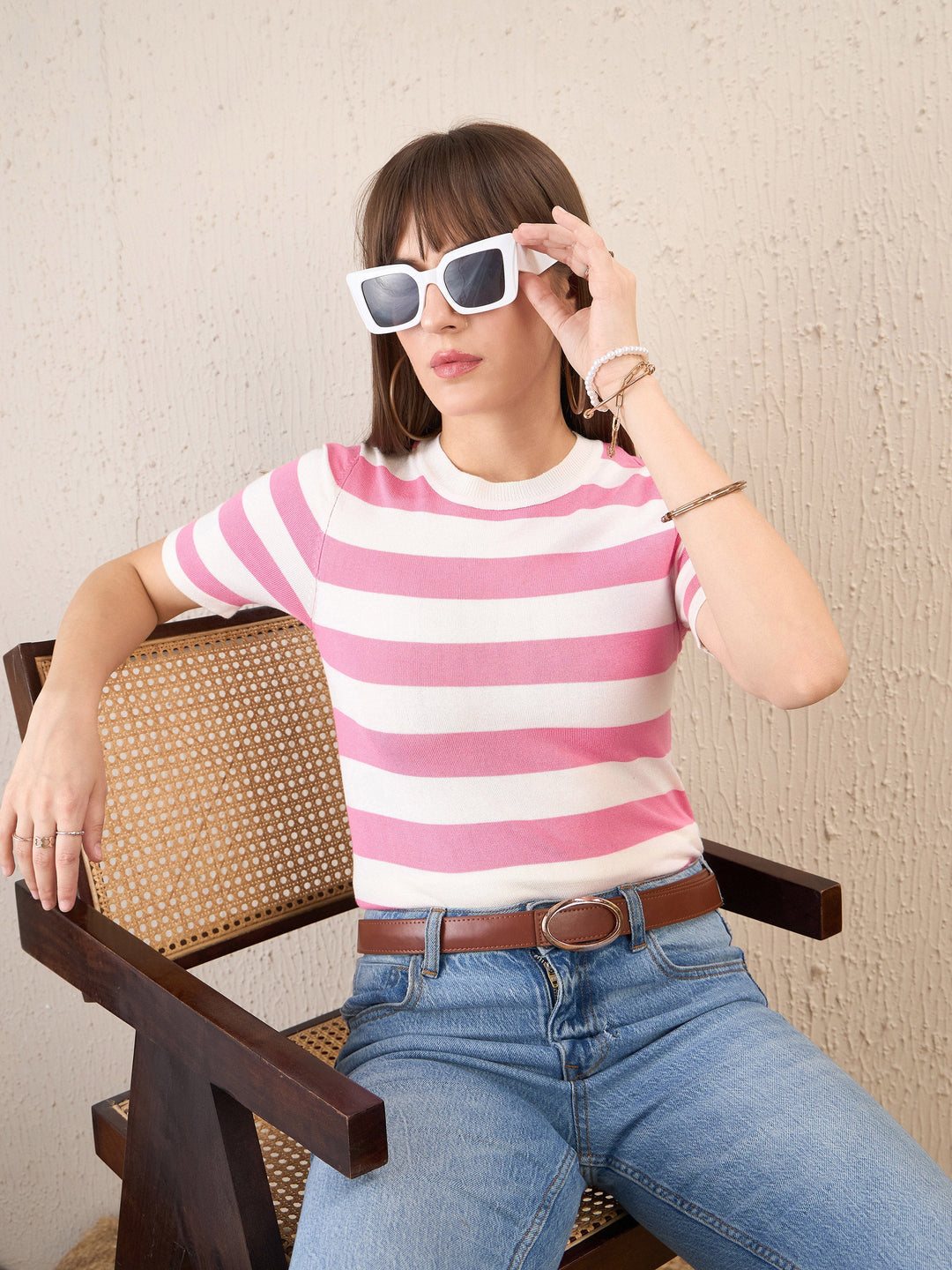 Women Pink &amp; White Striped Acrylic Top