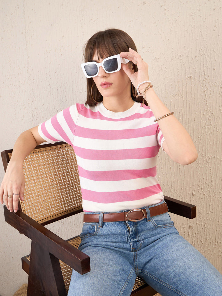 Women Pink &amp; White Striped Acrylic Top