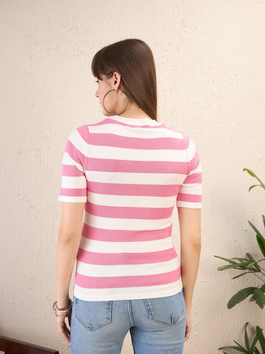 Women Pink &amp; White Striped Acrylic Top