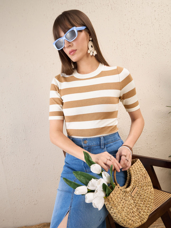 Women Beige &amp; White Striped Acrylic Top