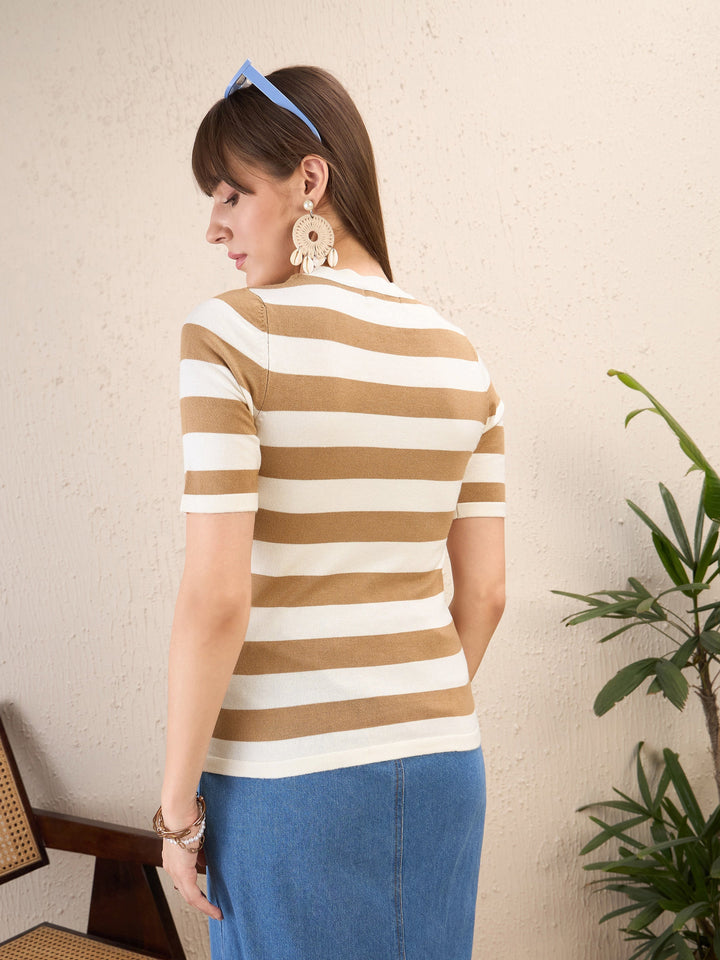 Women Beige &amp; White Striped Acrylic Top