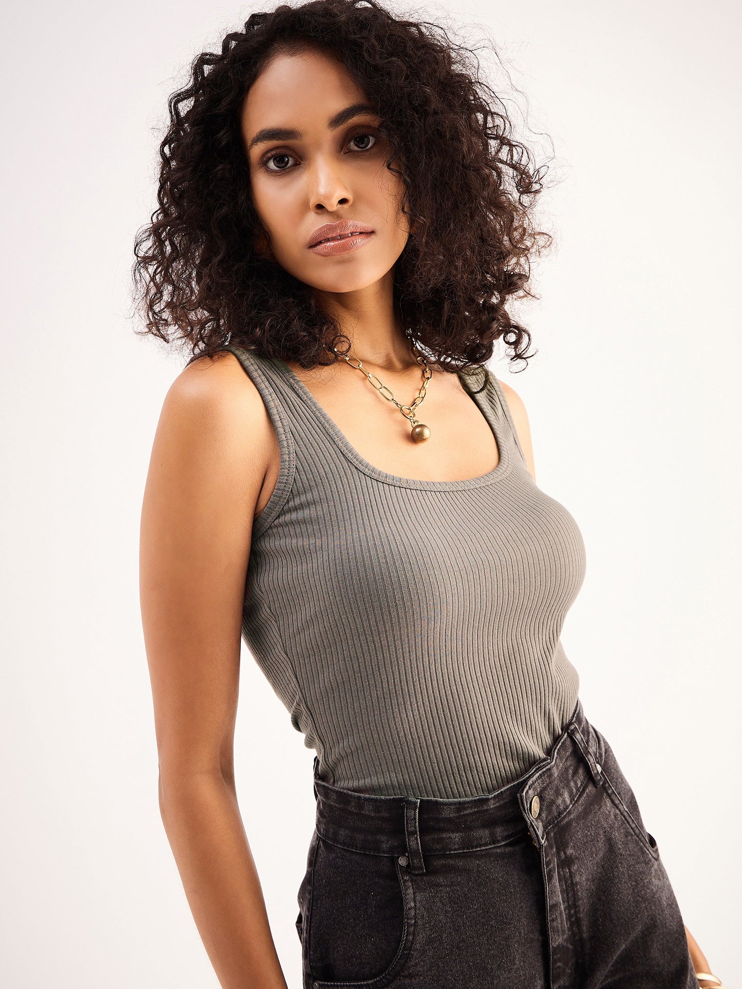 Grey Rib Sleveeless Square Neck Top