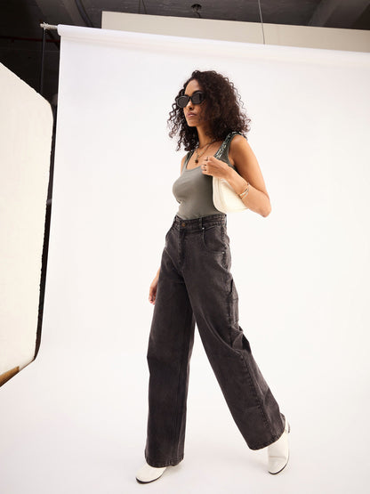 Grey Rib Sleveeless Square Neck Top