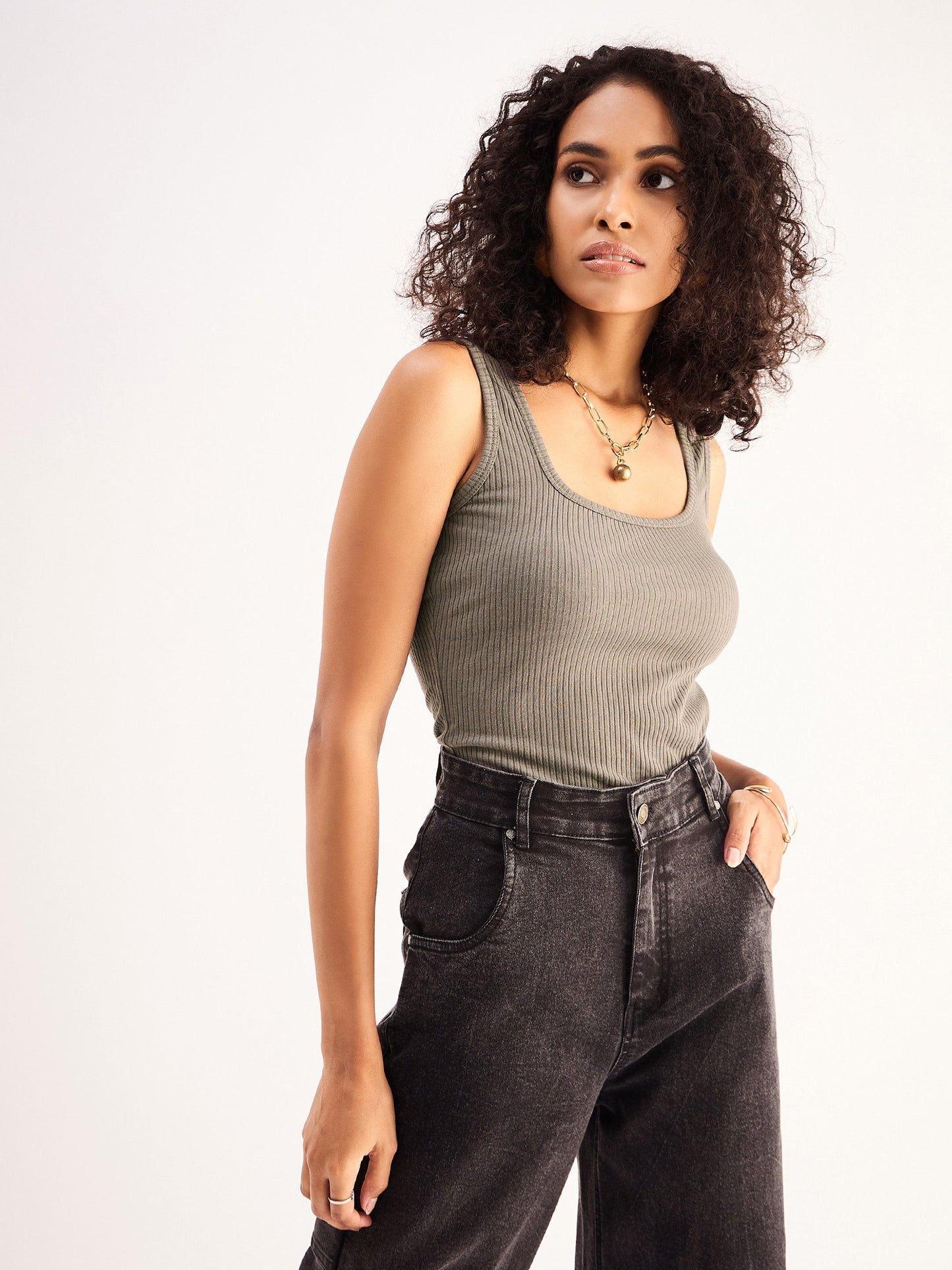 Grey Rib Sleveeless Square Neck Top