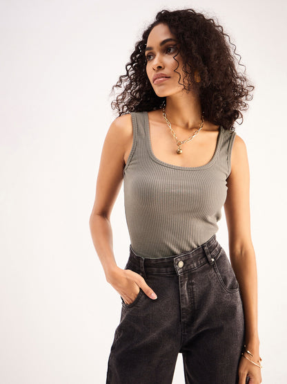 Grey Rib Sleveeless Square Neck Top