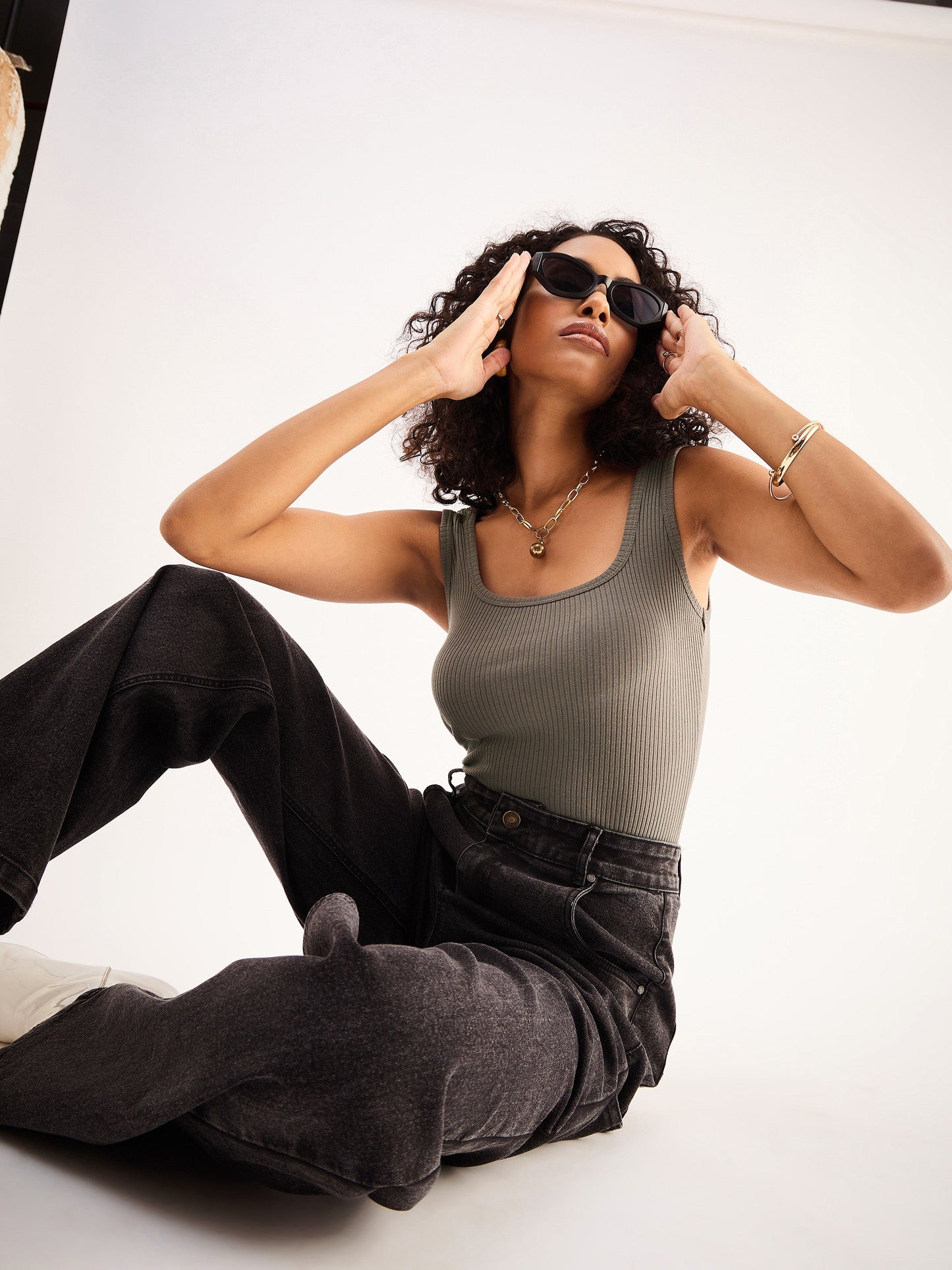 Grey Rib Sleveeless Square Neck Top