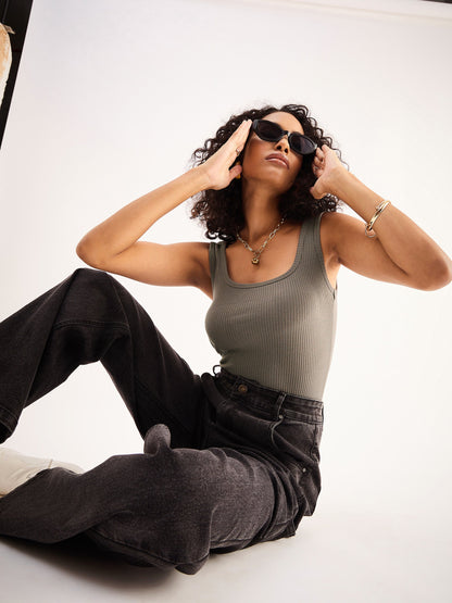 Grey Rib Sleveeless Square Neck Top