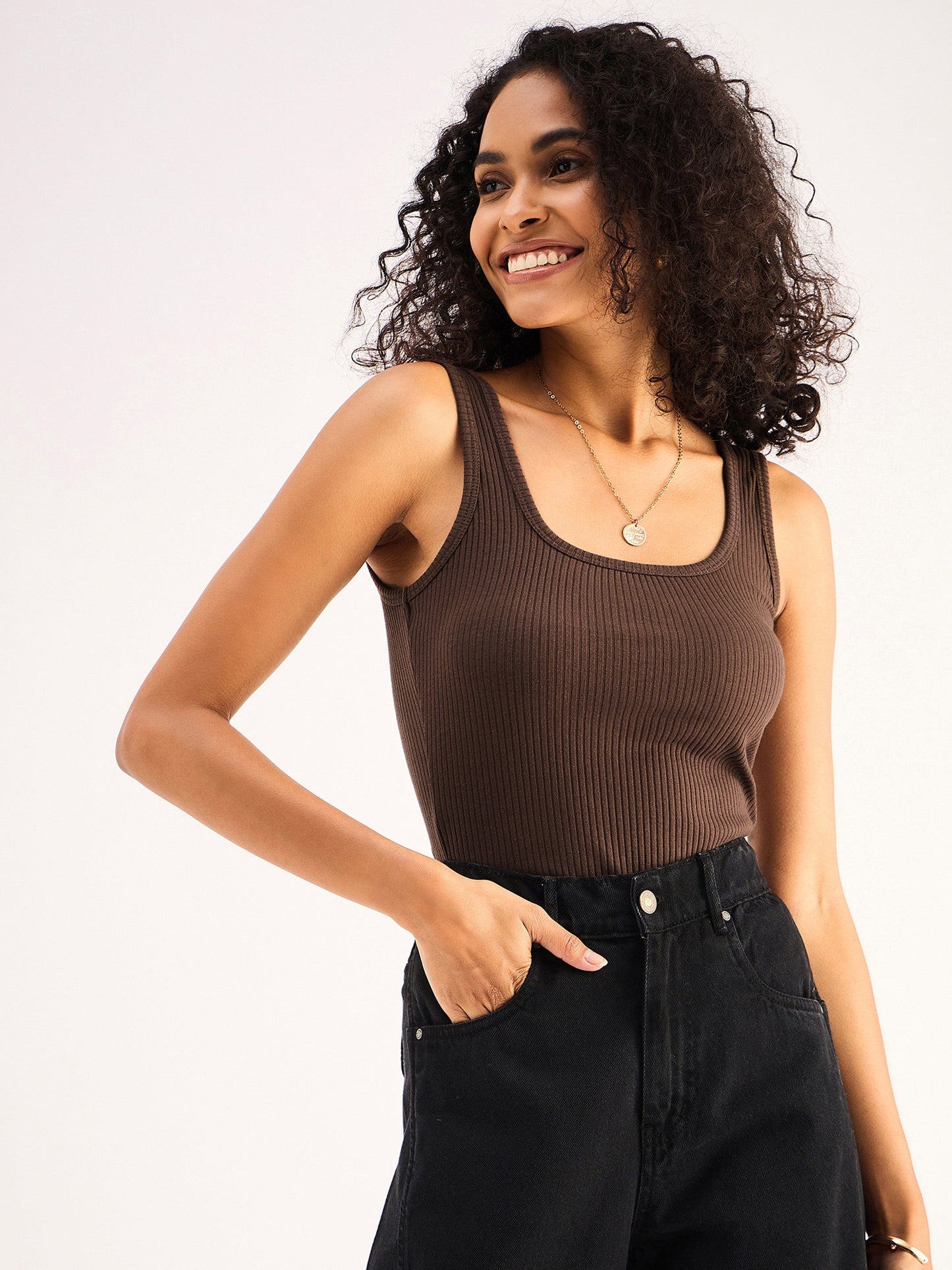 Women Brown Rib Sleeveless  Square Neck Top