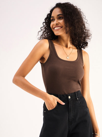 Women Brown Rib Sleeveless  Square Neck Top