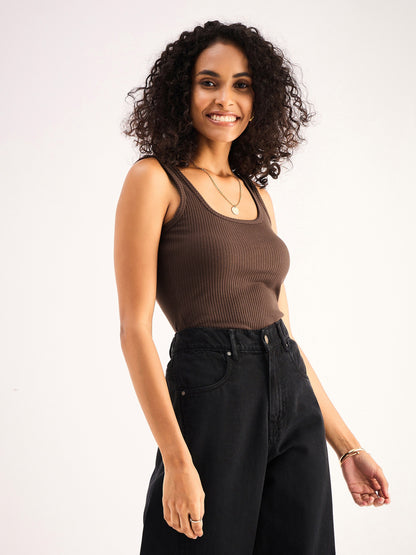 Women Brown Rib Sleeveless  Square Neck Top