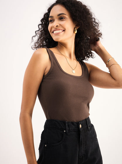 Women Brown Rib Sleeveless  Square Neck Top