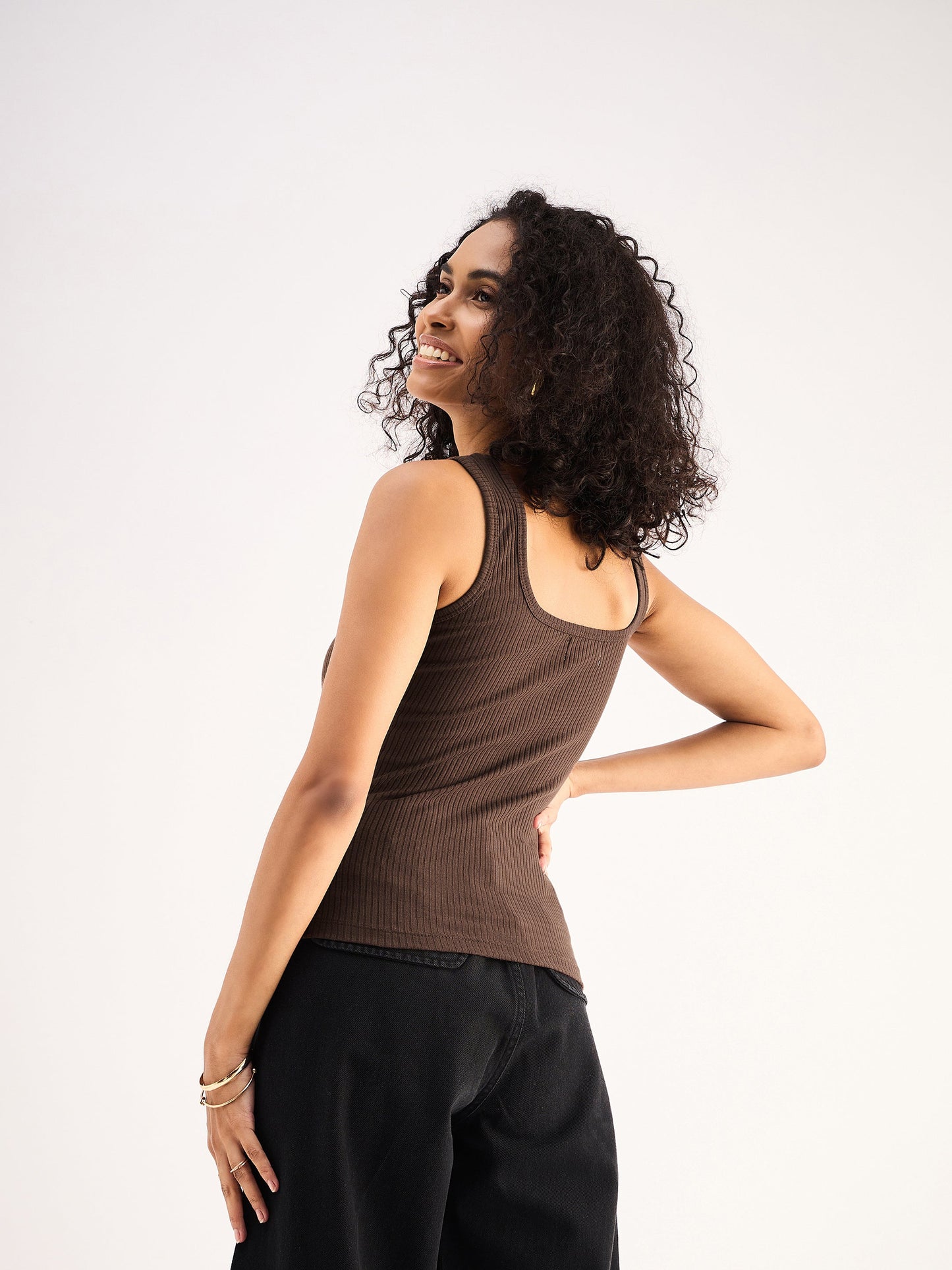 Women Brown Rib Sleeveless  Square Neck Top
