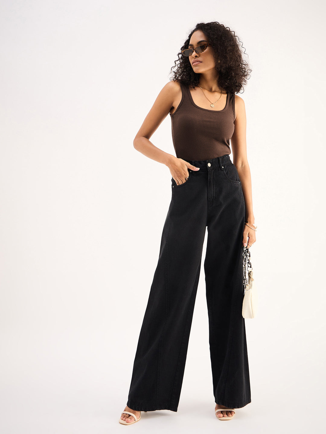 Women Brown Rib Sleeveless  Square Neck Top