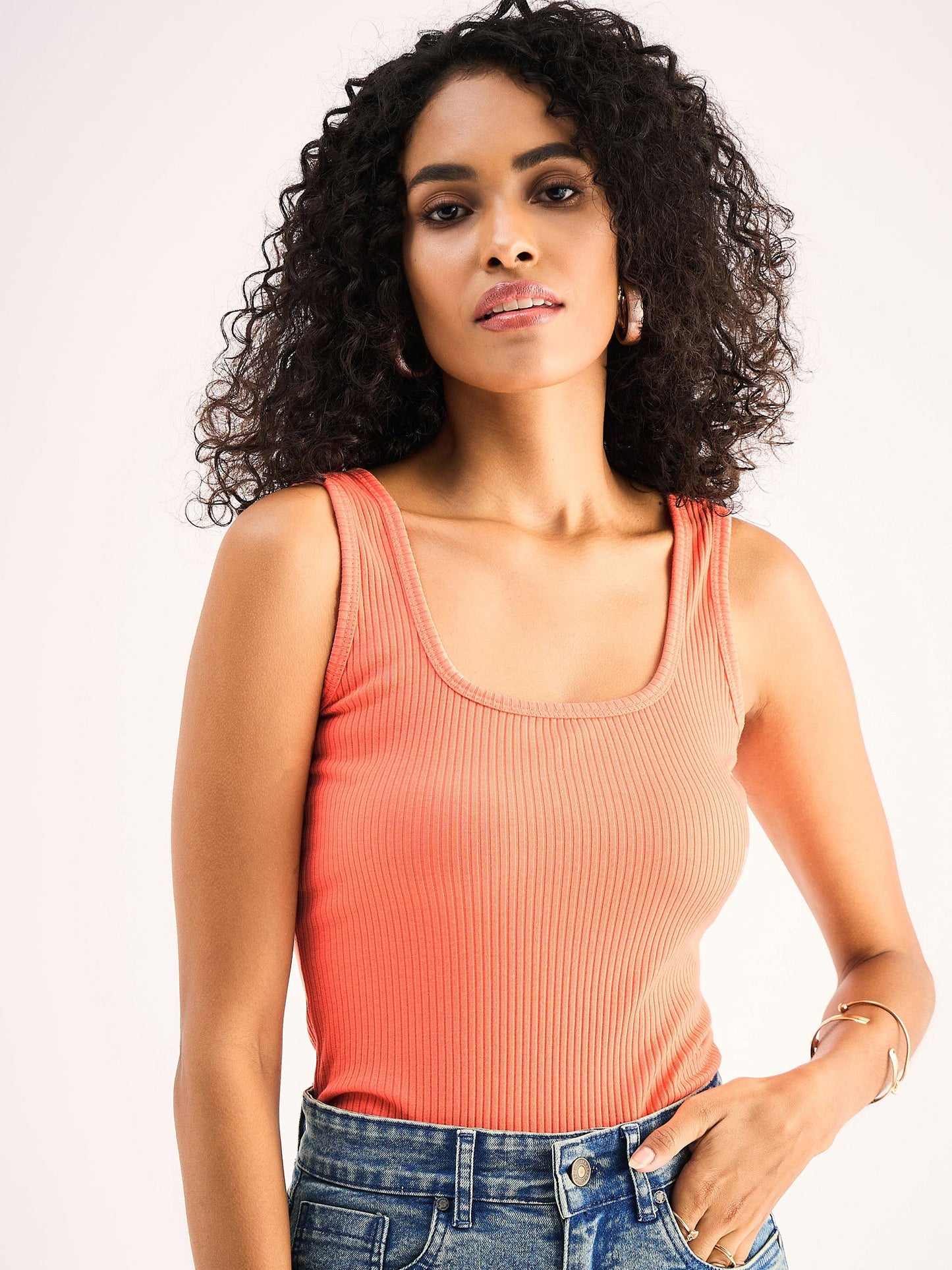 Peach Rib Sleveeless Square Neck Top