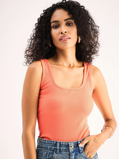 Peach Rib Sleveeless Square Neck Top