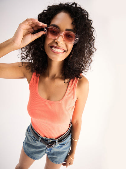 Peach Rib Sleveeless Square Neck Top