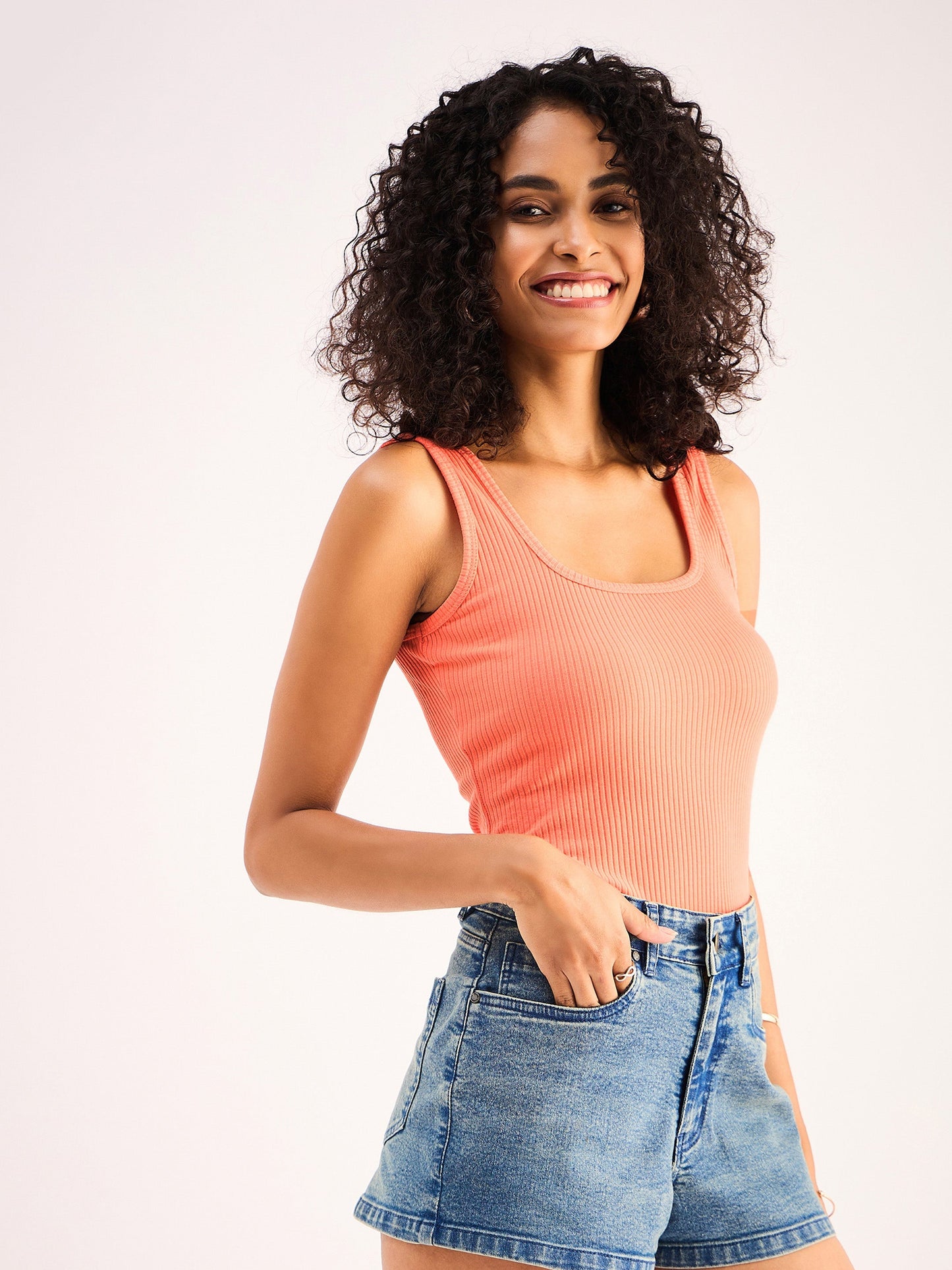 Peach Rib Sleveeless Square Neck Top