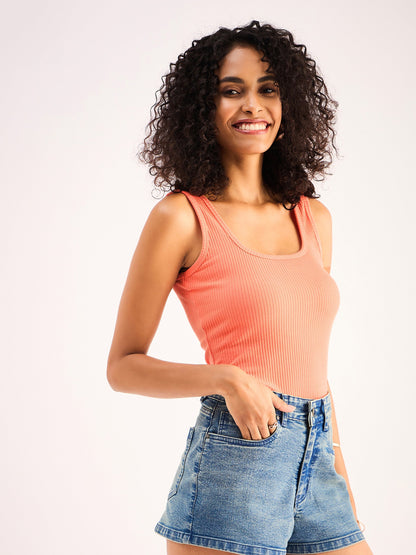 Peach Rib Sleveeless Square Neck Top