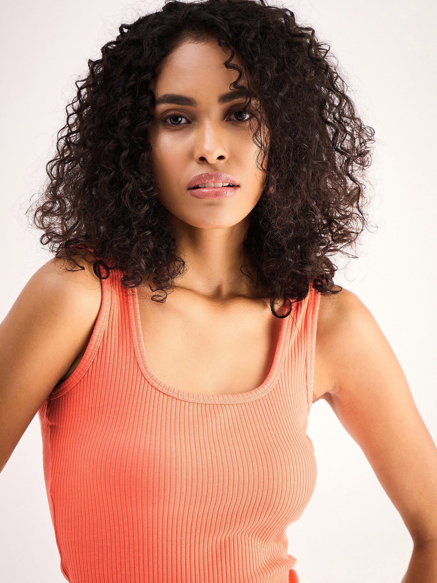 Peach Rib Sleveeless Square Neck Top