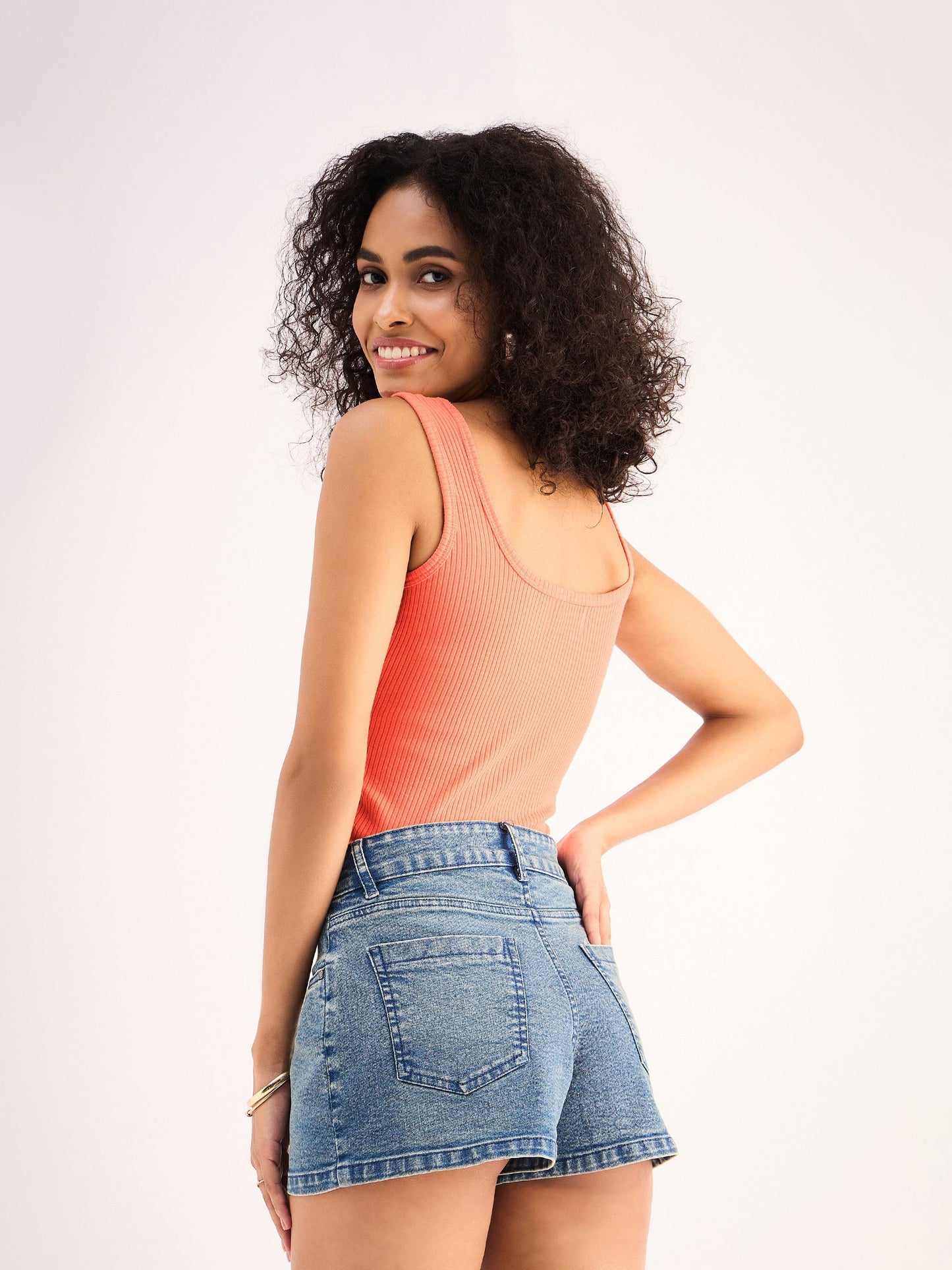 Peach Rib Sleveeless Square Neck Top