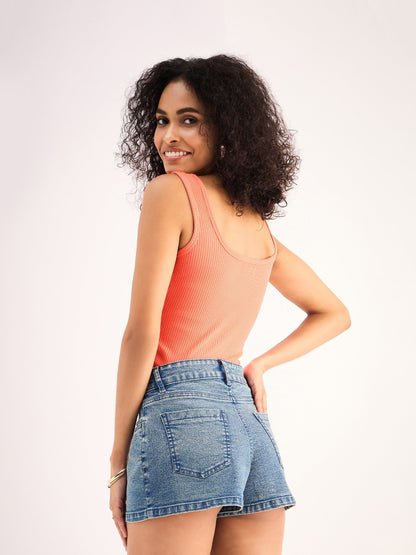 Peach Rib Sleveeless Square Neck Top
