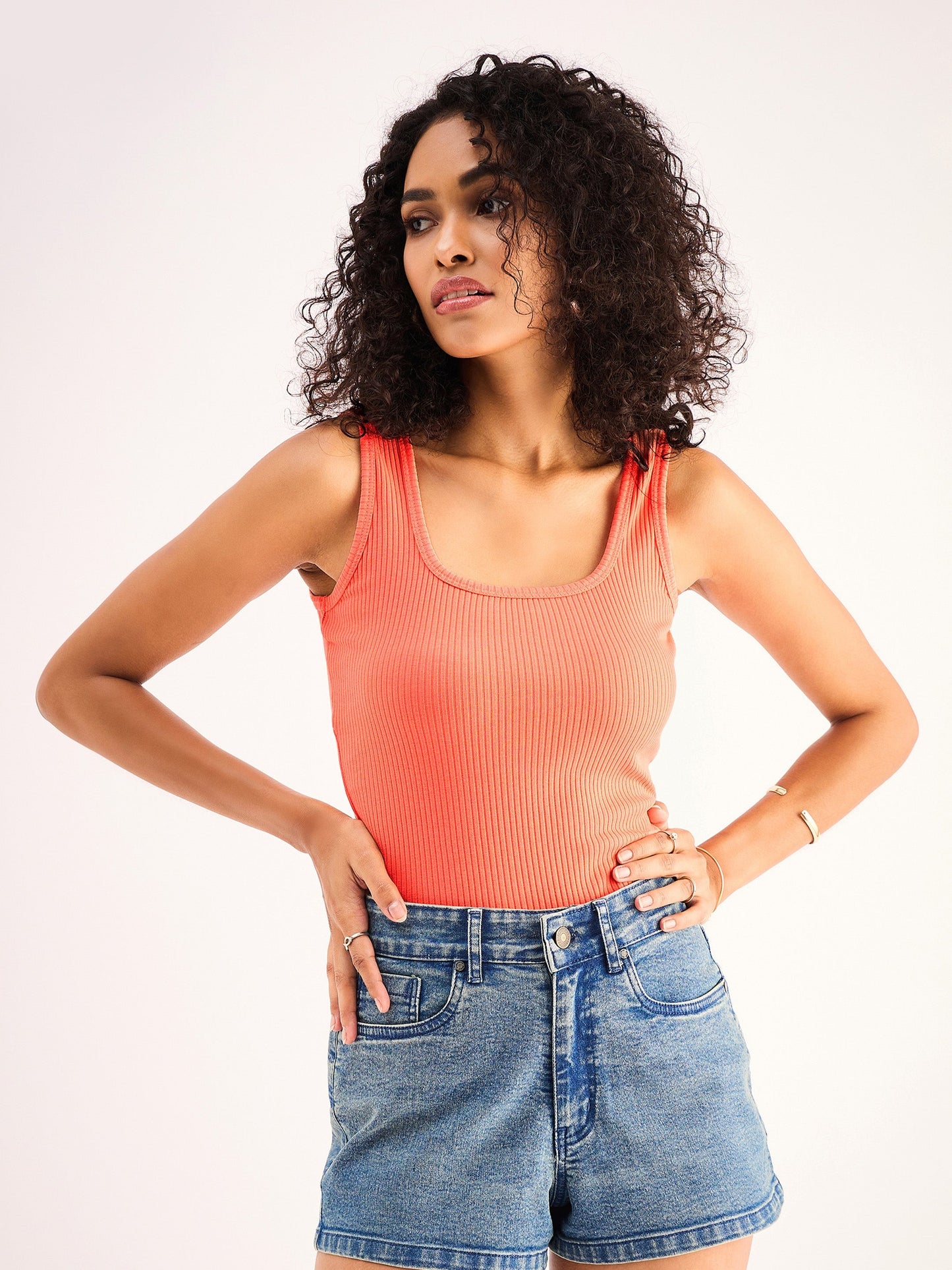 Peach Rib Sleveeless Square Neck Top