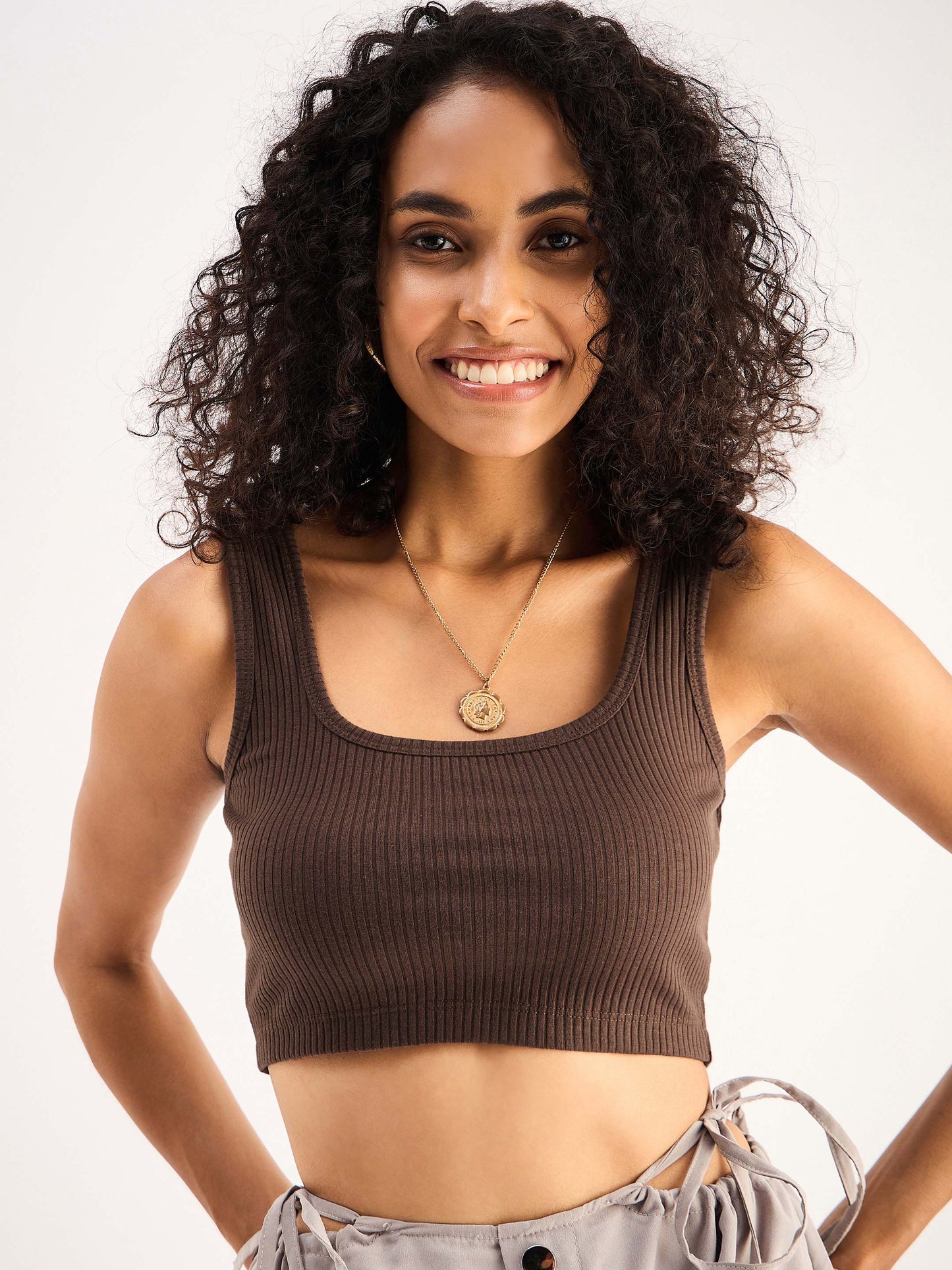 Brown Rib Square Neck Cropped Tank Top