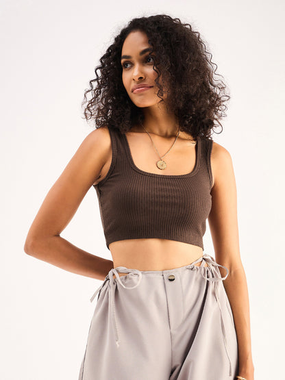 Brown Rib Square Neck Cropped Tank Top