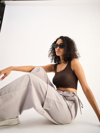 Brown Rib Square Neck Cropped Tank Top