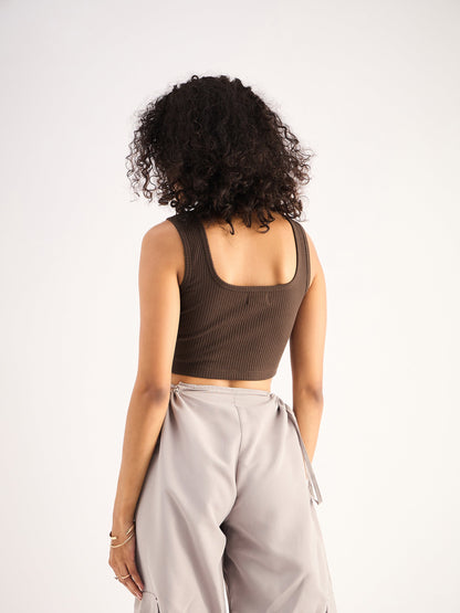 Brown Rib Square Neck Cropped Tank Top