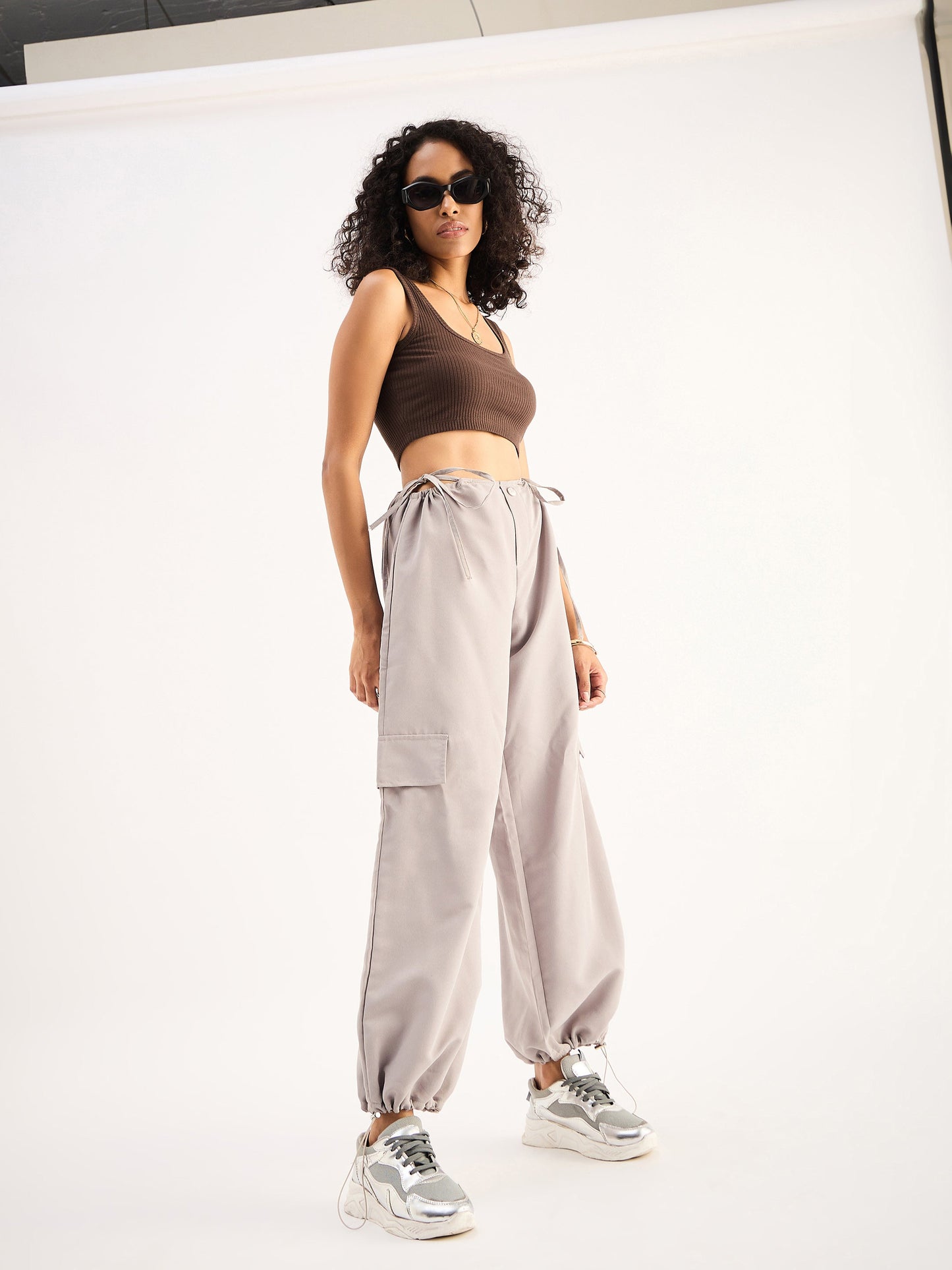 Brown Rib Square Neck Cropped Tank Top