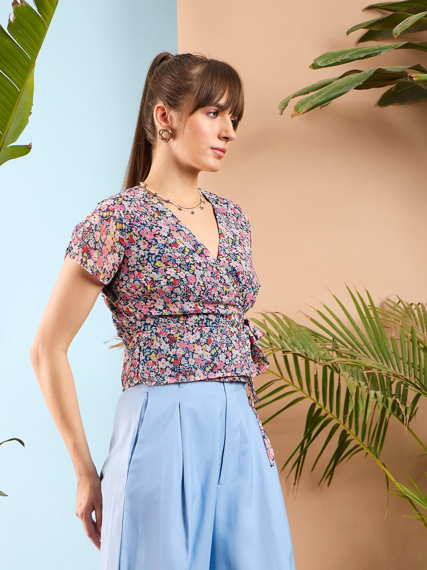 Navy Ditsy Floral Wrap Top